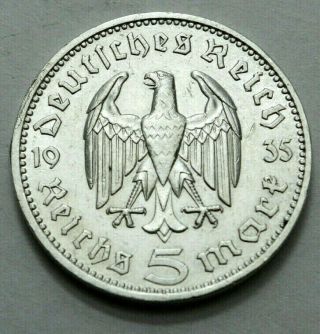 1935 - J GERMAN 5 MARK Reichsmark Silver COIN EAGLE Hindenburg Third Reich WW2 UNC 2