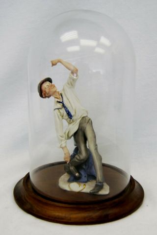 Capodimonte Porcelain Statue/figurine Drunk Worker W/ Stand & Glass Dome B1258