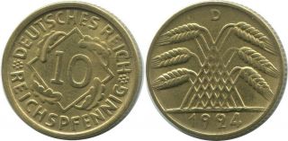 10 Reichspfennig 1924 D Deutsches Reich Germany Ae349