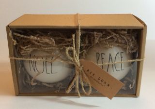 Rae Dunn Peace & Noel Christmas Ornament Set White Ceramic Black Letters Nib