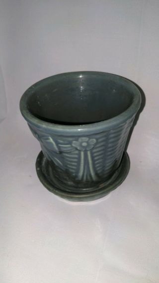 Vintage Mccoy Green Ceramic Planter Attached Saucer Flower Pot Bow Design Usa