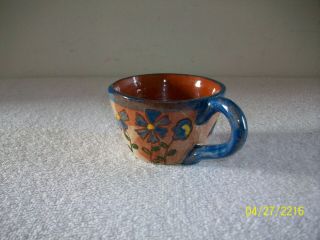 Vintage Brown County Indiana Folk Art Pottery Blue Flower Pattern Coffee Cup