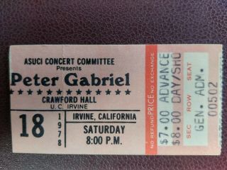 Peter Gabriel Ticket Stub 11/18/1978 U.  C.  Irvine,  Ca.