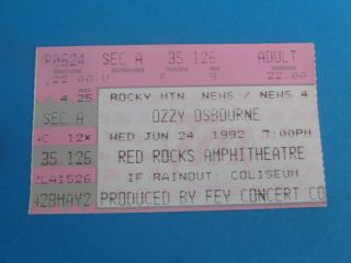 Ticket Ozzy Osbourne 1992 No More Tours Tour Stub Red Rocks Denver Colorado