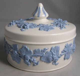 Wedgwood Blue On Cream White Embossed Queensware Dresser Jar Box