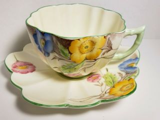 Paragon Yellow Tea Cup & Saucer Floral Petal Saucer Green Trim Vintage Paragon