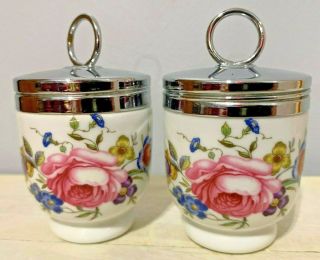 Set Of 2 Vintage Royal Worcester Porcelain China Egg Coddler Cup With Chrome Lid