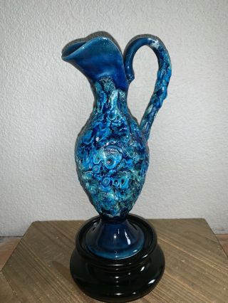 9.  5” Hand Crafted Vallauris Seafoam Sea Blue Lava Ceramic Clay Pottery Pitcher