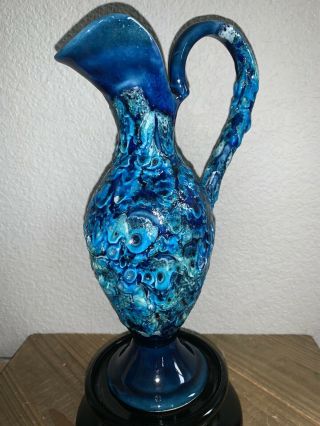 9.  5” Hand Crafted Vallauris Seafoam Sea Blue Lava Ceramic Clay Pottery Pitcher 2