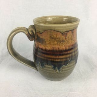 Hand Thrown Studio Pottery Fire Glazed Brown Earthtone Coffee Mug Tea Cup Marked