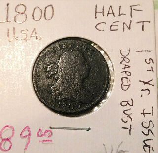 1800 Early Half Cent 1/2c Draped Bust Copper Coin First Year Issue Vg Very Good