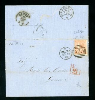 Gb In Malta A25 Duplex 1872 Cover 4d Plate 12 To Italy (n240)