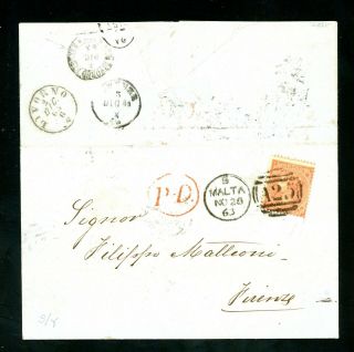 Malta A25 Duplex,  1863 Cover With 4d Red Sg 79 To Italy (n243)