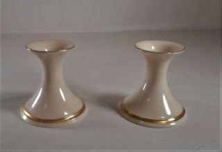 Pair - 2 - Lenox Candle Holders Fine Bone Ivory China Porcelain 24 Kt Gold Trim