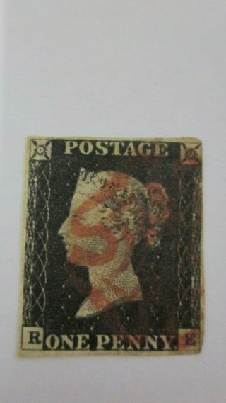 1840 One Penny Black Stamp Great Britain Letters Re With Red Mc