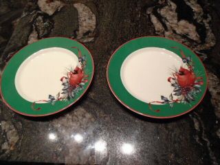 Lenox Winter Greetings Set Of 2 Dessert Plates Green Band Cardinal 8 "