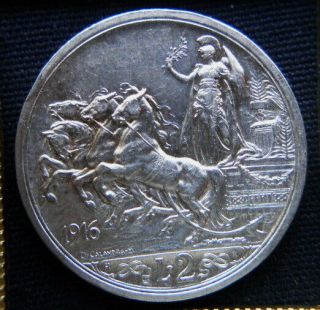 1916 Italy Kingdom Silver Coin Unc 2 £ King Vittorio Emanuele Iii