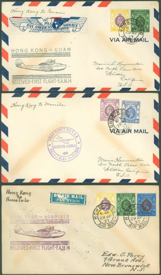 4/29/37 Lot/3 Airmail Covers,  Fam F14 - 16,  Hong Kong - Guam Manila Hawaii Hk Stamps