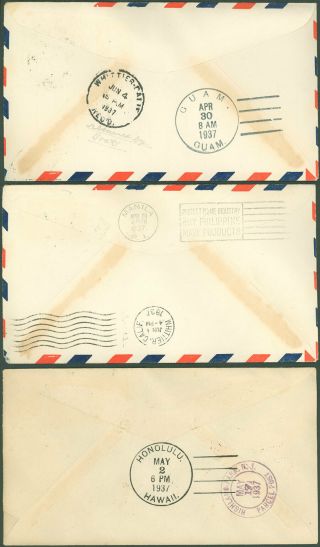 4/29/37 LOT/3 Airmail Covers,  FAM F14 - 16,  HONG KONG - Guam Manila Hawaii HK Stamps 2