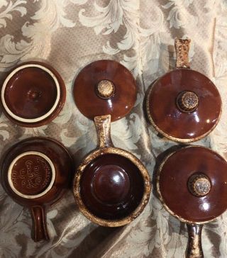 Set Of 4 Vintage Hull Pottery Covered Brown Drip Glaze Stick Handled Soup Bowls