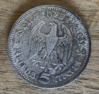 5 Mark Reichsmark 1936 A Hindenburg Ww2 Germany 900/1000 Silver