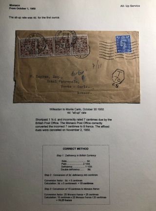 1950 Willesden England Postage Due Cover To Monte Carlo Monaco