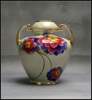 Noritake Art Deco Luster Vase With Floral Design Gold Handles And Trim N500