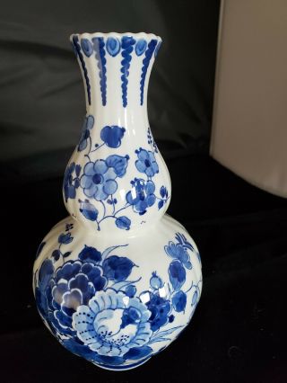 Royal Delft Double Gourd Blue And White Floral Vase - 7 Inches Marked Dated