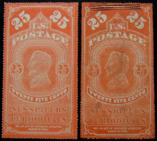 1875.  25c Orange - Red Newspaper Stamps (2).  Reprints Or Fakes Of Scott Cat Pr7.