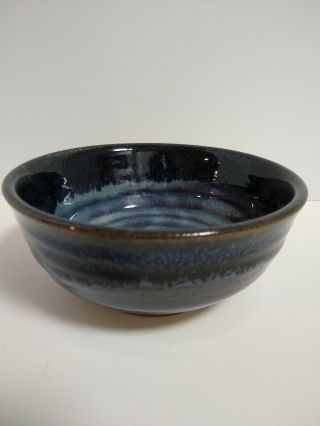 Alewine Gatlinburg Pottery Blue Stoneware Bowl Swirl Drip Gloss Glaze Signed