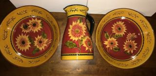 Pier1 Imports.  Pitcher And Bowls.  Hand - Painted Terracotta.  Sunflower.