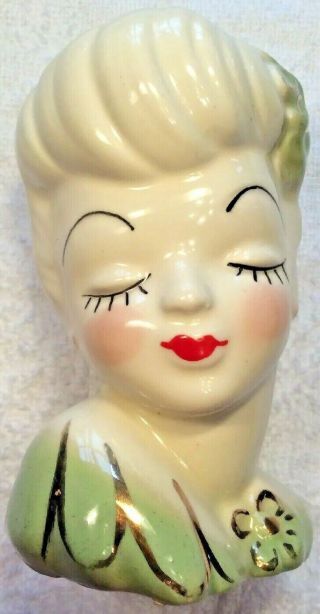Vintage Elegant Usa Ceramic Lady Head Vase Art Deco Mcm Gold Green Glamour Girl