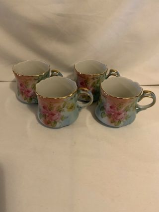 Four Rs Red Star Hand Painted Pink Floral Porcelain Gold Trim Cups
