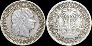 1886 Haiti 10 Centimes Km 44 Foreign Silver Coin Caribbean