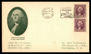 George Washington Columbus Day Endwise Coil Pair 1932 First Day Cover