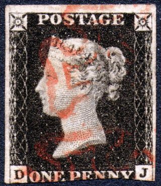 One Penny Black 1d Plate 3 " Dj " Cancelled By Two Red Maltese Crosses