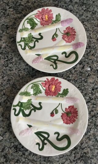 Two Vintage Portuguese Asparagus Plates - 8.  5” Across - Florals & Asparagus