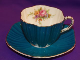 England Eb Foley 1850 Fine Bone China Cup & Saucer Set Dark Blue W/ Flowers
