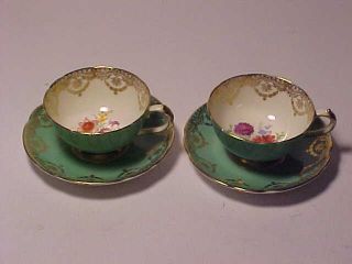2 Paragon Demi Size Cups And Saucers Green W/ Flowers Double Warrant