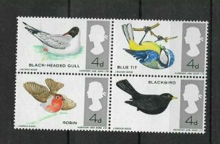 Gb:1966:british Birds - Reddish Brown Omitted.  Block Of 4.  Cat £250,