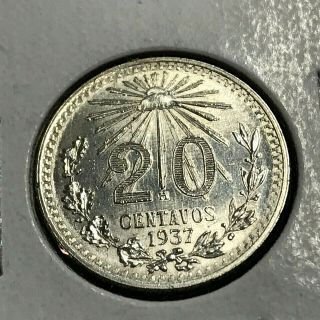 1937 Mexico 20 Centavos Silver Near Uncirculated Coin