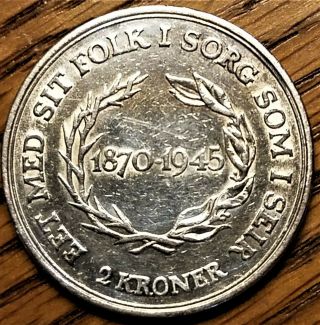 1945 Denmark 2 Kroner Very Fine Silver Coin 60th Birthday of King Christian X 3