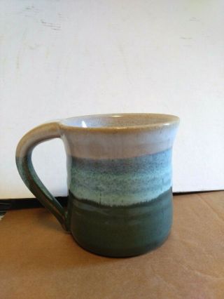 Dale Signed Art Pottery Coffee Cup Mug Blue Green White Glazed 3 Toned Handmade