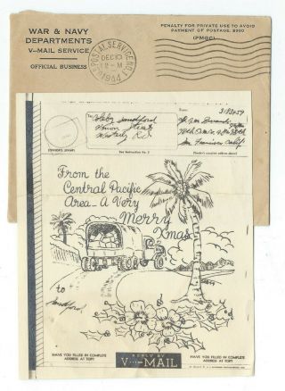 Wwii Illustrated V - Mail Letter From Apo 98 Christmas Central Pacific