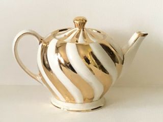 Vintage Sadler England Porcelain Small Individual White & Gold Swirl Teapot