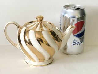 Vintage SADLER England Porcelain Small INDIVIDUAL White & Gold Swirl Teapot 3