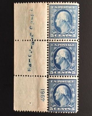 1908 Us 5 Cent Washington Scott 335 Vert.  Row Of 3 Pl 4961 Mh Og