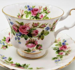 Royal Albert Bone China Teacup & Saucer Moss Rose Floral With Gold Trim England