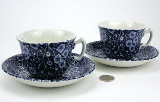 2 Royal Crownford English Staffordshire Blue Calico Cups & Saucers