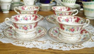 Vintage Syracuse China Romance Maroon Old Ivory Teacups & Saucers Set Of 4
